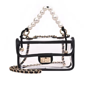 

Pearl Tote Transparent Jelly Bag Handbag Chain Shoulder Bag Messenger Bag Black