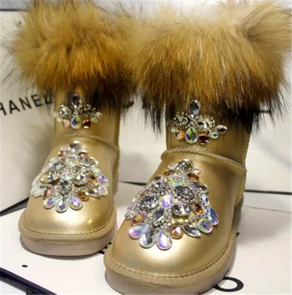 Winter handmade leather fox fur in the tube snow boots fur one female boots glossy snow cotton - Цвет: Золотой