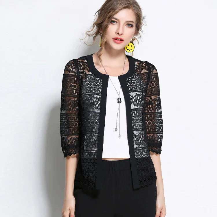 

Europe And America Shawl Large Size Coat Women's New Style Slim Fit Spring And Summer Lace Waistcoat Fat Mm Outdoor Cardigan Top