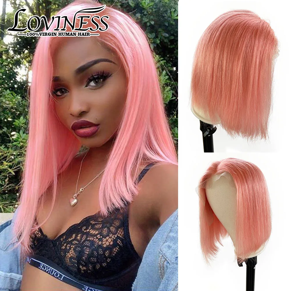 Pink Bob Wig Glueless 180% Density 13x1x4 Middle Part Lace Front Human Hair Wig Brazilian Virgin Remy Pre Plucked Bob Hair Wig