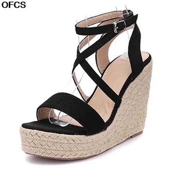 

Women Wedge Sandals High Heel Sandals Gladiator Wedges Shoes Woman Rome Buckle Strap Pumps Straw Hemp Rope Platforms Women Shoes