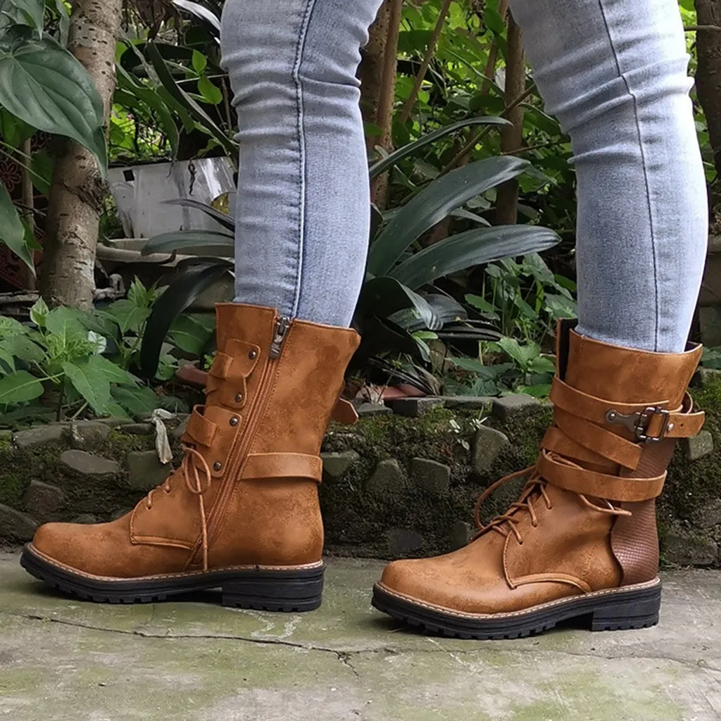 Fashion Women Warm Non-slip Boots Square Heels Buckle Strap Solid Color Mid Motorcycle Boots Round Toe Winter Keep Warm Shoes
