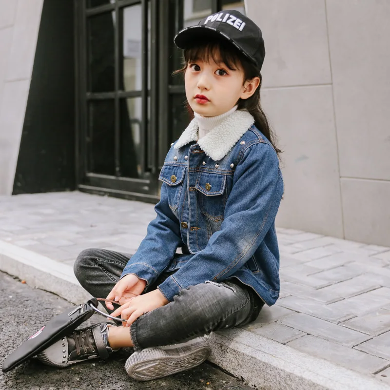 Winter Warm Girls Denim Jackets Thickening camoFleece Jean Coats for Girls Ornament Rivet Kids Outerwear Baby Girls Clothing