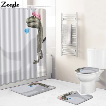

Bath Mat and Shower Curtain Set Bathroom Decor Carpet Absorbent Toilet Mat Rugs Flannel Foot Mats Suit Animal Printing