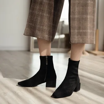 

Women's great flock med heel autumn ankle boots square toe female high quality short booties black slim boots shoes for women