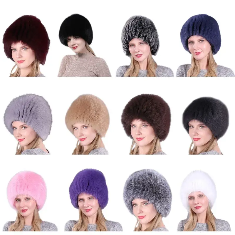 New Luxury Natural Real Fur Beanies Cap Knitted Hats Russian Winter Thick Warm Fashion Hat Women Winter Knitted Real Fur