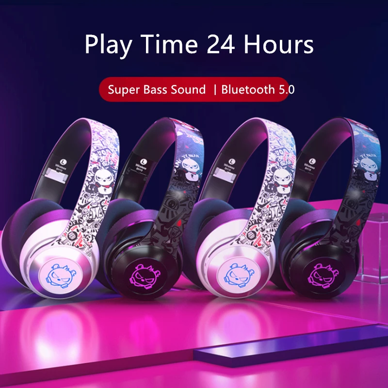 Беспроводные Bluetooth наушники, игровая гарнитура, стерео музыка, поддержка, цветной светодиодный микрофон, складная головная повязка, студийные наушники