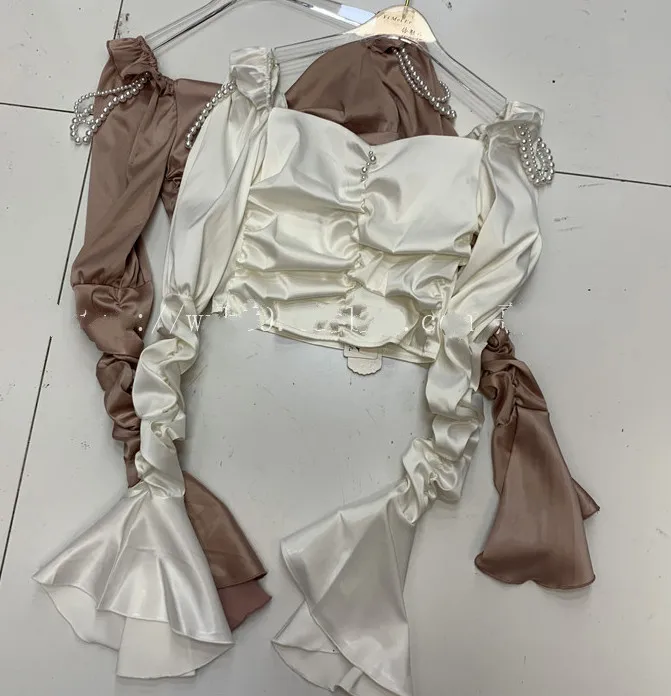 Blusa Femme, женский сексуальный укороченный топ, новинка, французский стиль, жемчуг, бисер, рукав-колокол, рубашка, топ, женская осенняя и зимняя блузка