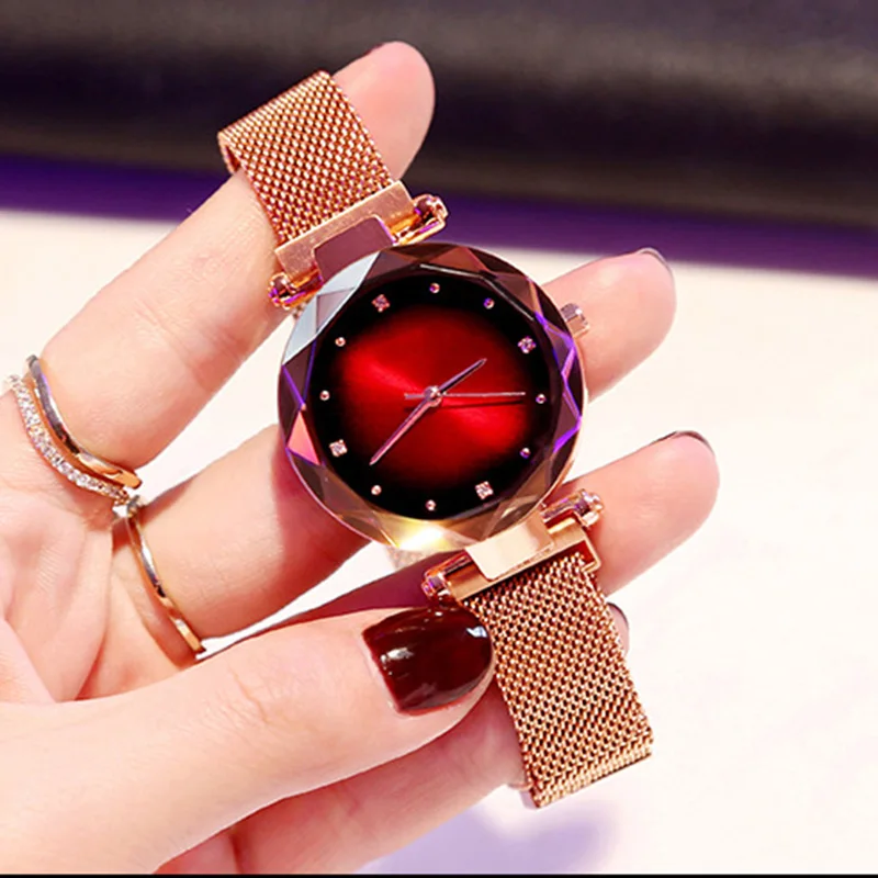 Роскошные женские часы из розового золота, модные женские часы с бриллиантами, Звездные магнитные Подарочные часы, браслет, женские часы