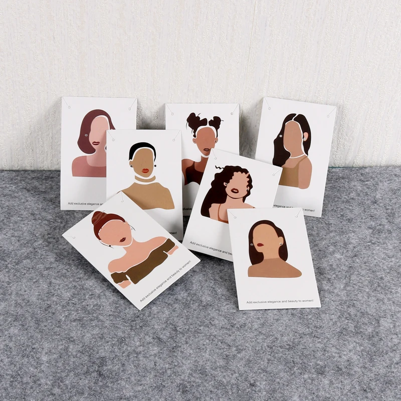 50Pcs 5x9cm White Paper print Girl Pattern earring card Glasses /Brown Face  Girl people Jewelry Display Packaging Cards Tags