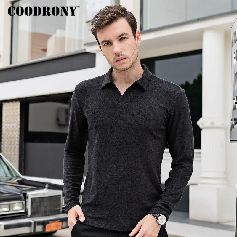 Бренд COODRONY, футболка с длинным рукавом для мужчин, хлопковая футболка, Homme, джемпер, модная повседневная футболка с отложным воротником, топы C5004