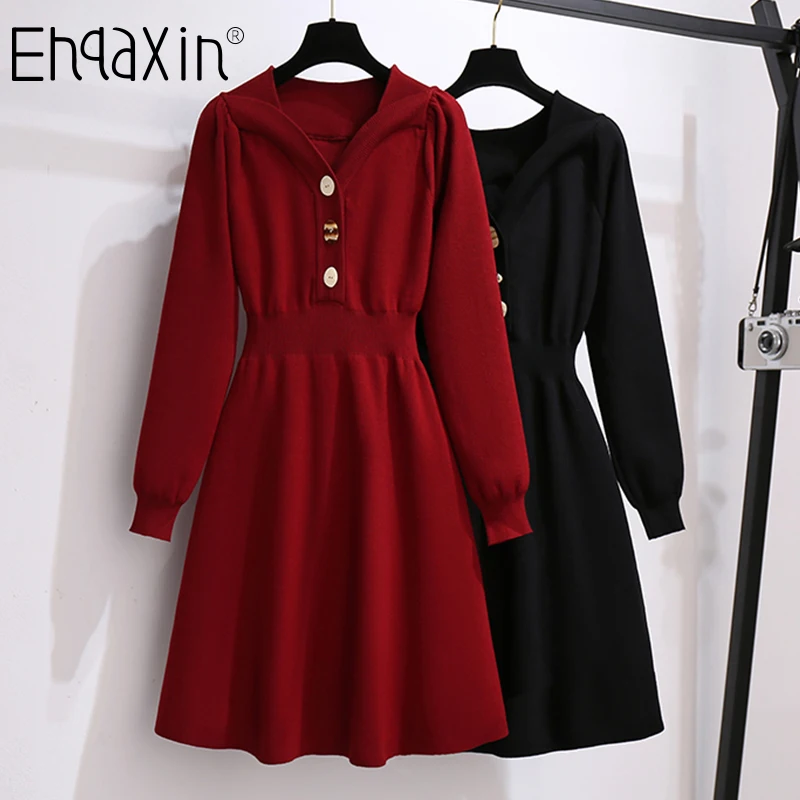 

EHQAXIN 2021 Autumn Winter Women's Knitted Dresses New V-Neck Thick Button All-Match Base Long Sweater Dress For Female S-2XL