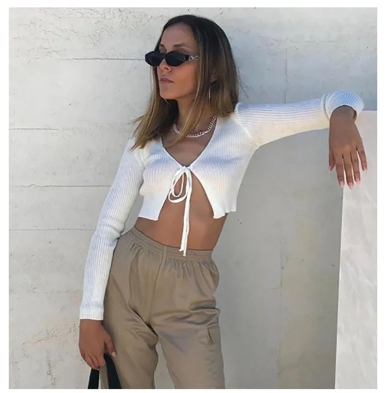 

Women Slim Sexy Crop Tops Long Sleeve Knitted T Shirts V-Neck Lace Up Streetwear Short Tees