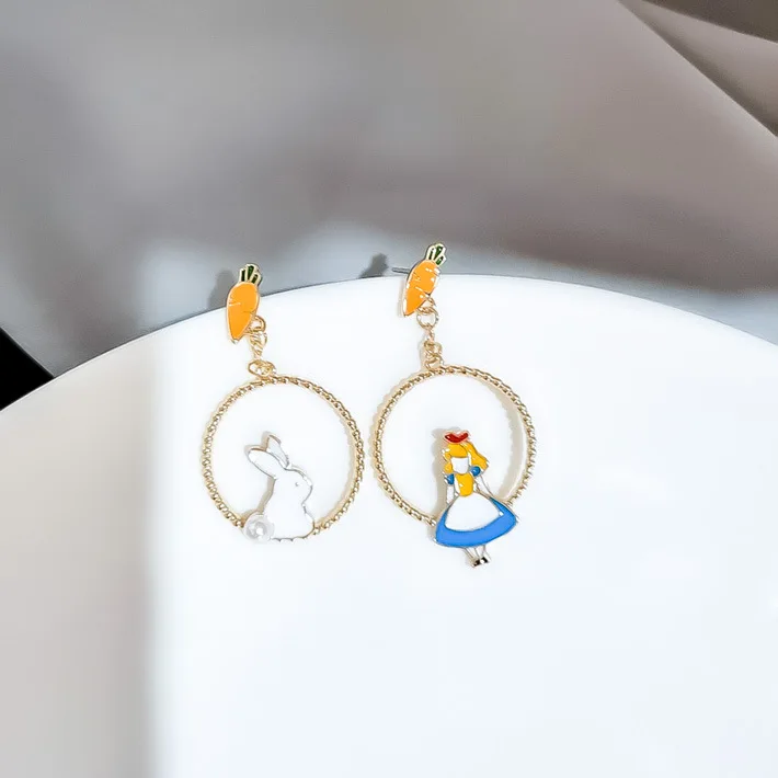 

Korea Colorful Enamel Lovely Rabbit Girls Asymmetric Drop Earrings For Women Hollow Circle boucles d oreille femme