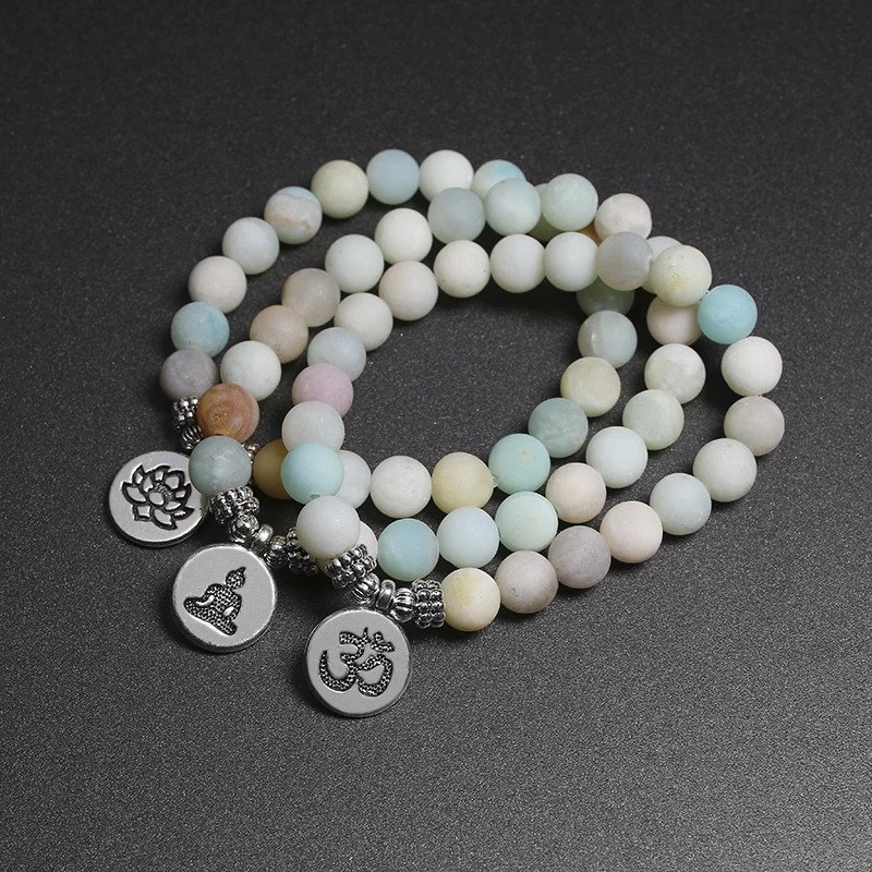 Natural Stone Yoga Bracelets 8mm Matte Amazonite Beads Bracelet With Lotus OM Buddha Charm Meditation Healing