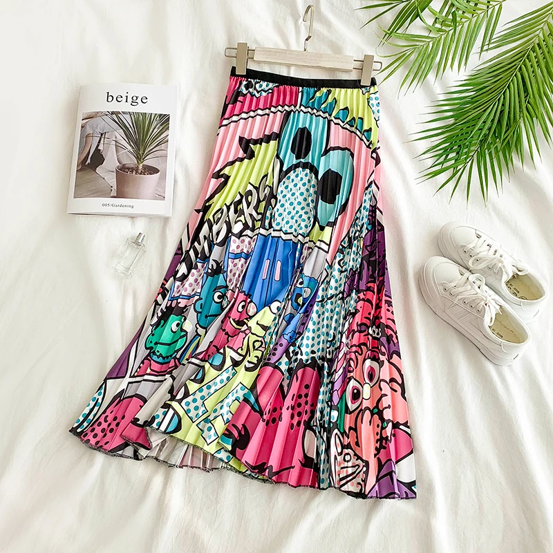 Летние женские миди юбки, корейская мода, женская плиссированная юбка с мультяшным принтом и высокой талией для женщин