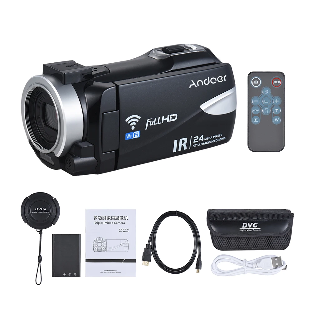 Andoer 1080P FHD 24M WiFi цифровая видеокамера регистратор DV IR ночное видение 16X зум дистанционное управление WiFi видеокамера