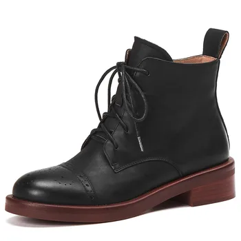 

Women's genuine leather lace-up flats ankle boots round toe gradient color retro carving punk short booties casual martin shoes