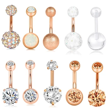 

1pc Belly Button Rings Surgical Stainless Steel 14G CZ Navel Belly Ring 3/8" 10mm Piercing Barbell Body Jewelry Rose Gold