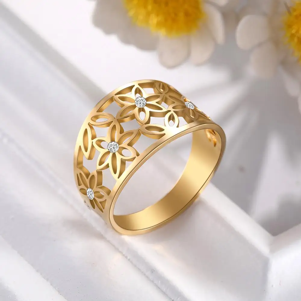 Skyrim elegante zircone trasparente fiore della vita anelli da dito donna ragazza in acciaio inossidabile anello Casual dorato regalo di anniversario per l'amante