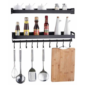 

2 Color No Drilling Space Aluminum Wall-mounted Kitchen Rack Wall Punch-free Multifunction Storage Rack Seasoning Rack With Hook