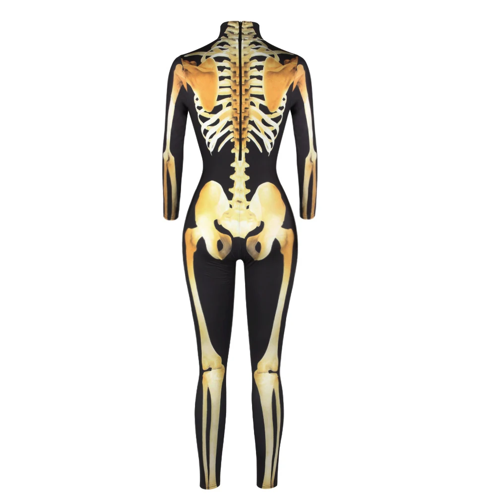 

2020 Halloween Adult Golden Skelton Print Costumes For Women Long Sleeves Collar Neck Rrompers Womens Jumpsuit