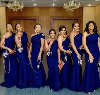 

African Blue One Shoulder Mermaid Bridesmaids Dresses 2020 Maid of Honor Gowns Black Girl Wedding Guest Dresses Plus Size Cheap