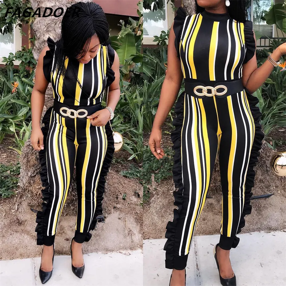 FAGADOER Women Fashion Striped Jumpsuits Ruffles Bodycon Rompers Designer New Elegant Sleeveless Ladies Office Playsuits 2021