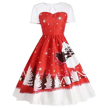 

Hot Women Xmas Tree Print Short Sleeve Large Swing Knee-length Party Banquet Dress Large Swing Knee-length Party Banquet Dress