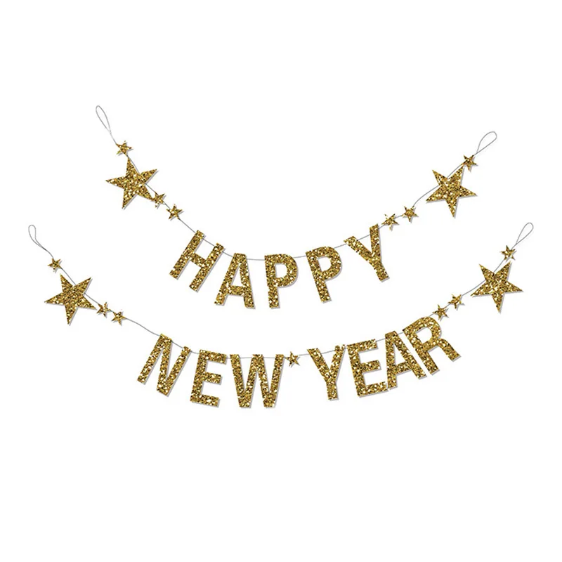 

1set gold HAPPY NEW YEAR paper banner 2020 new year Glitter star garland christmas decorations for home