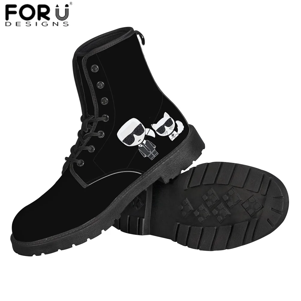 

FORUDESIGNS Karl Cat Print Pattern Women Winter Boots Lace Up Female Ankle Heels Flat Round Toe Shoes New Fashion bottes femme