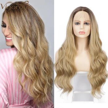 

Vigorous Blonde Ombre Lace Wigs Long Wavy Synthetic Lace Front Wigs for Women Dark Brown Roots Wig for Daily&Party Use