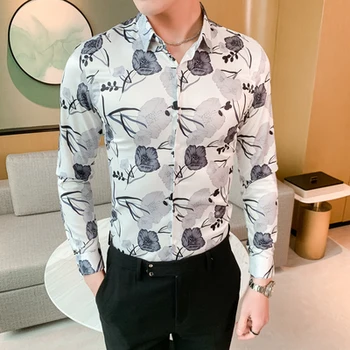 

2020 men's Korean casual shirt long-sleeved slim tide brand British retro printed shirt handsome wild shirt
