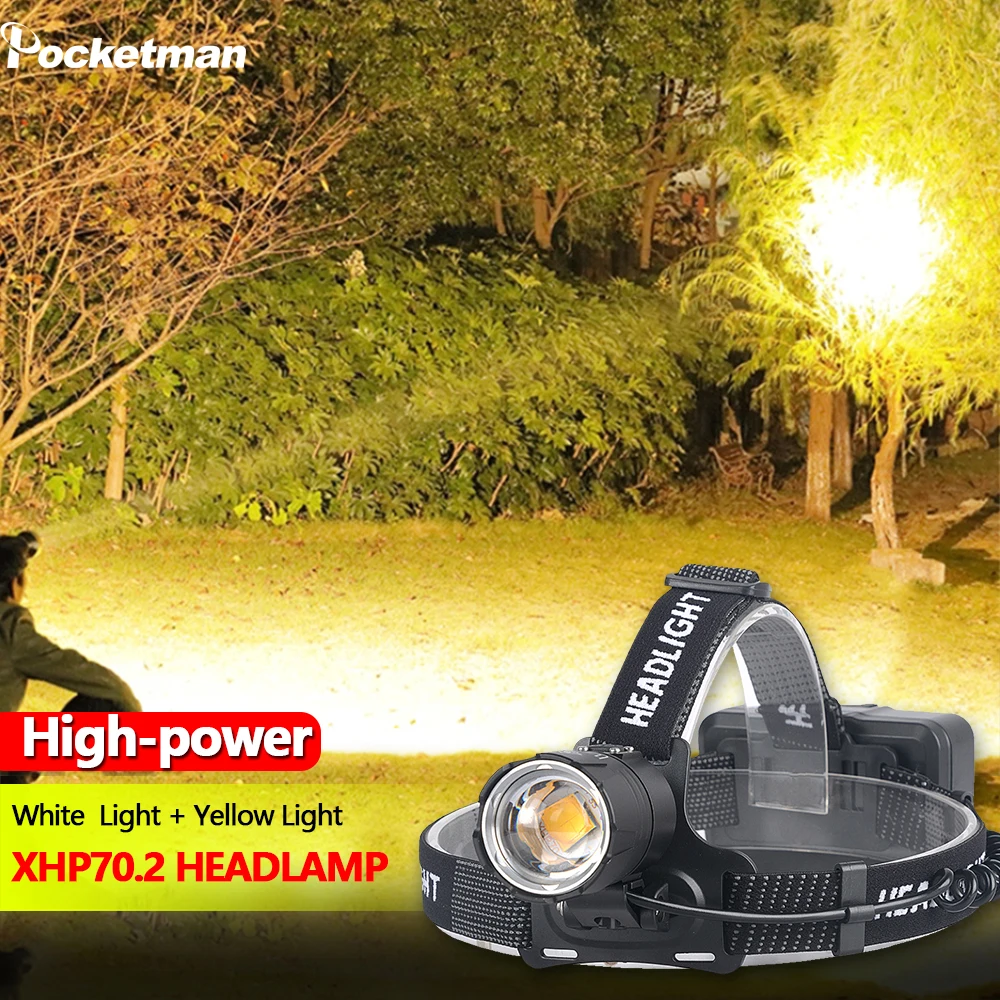 Ceny 8000 lm żółte światło białe lekka latarka czołowa XHP70.2 najmocniejszy reflektor Led z głowicą Zoomable XHP70 Fishing Camping