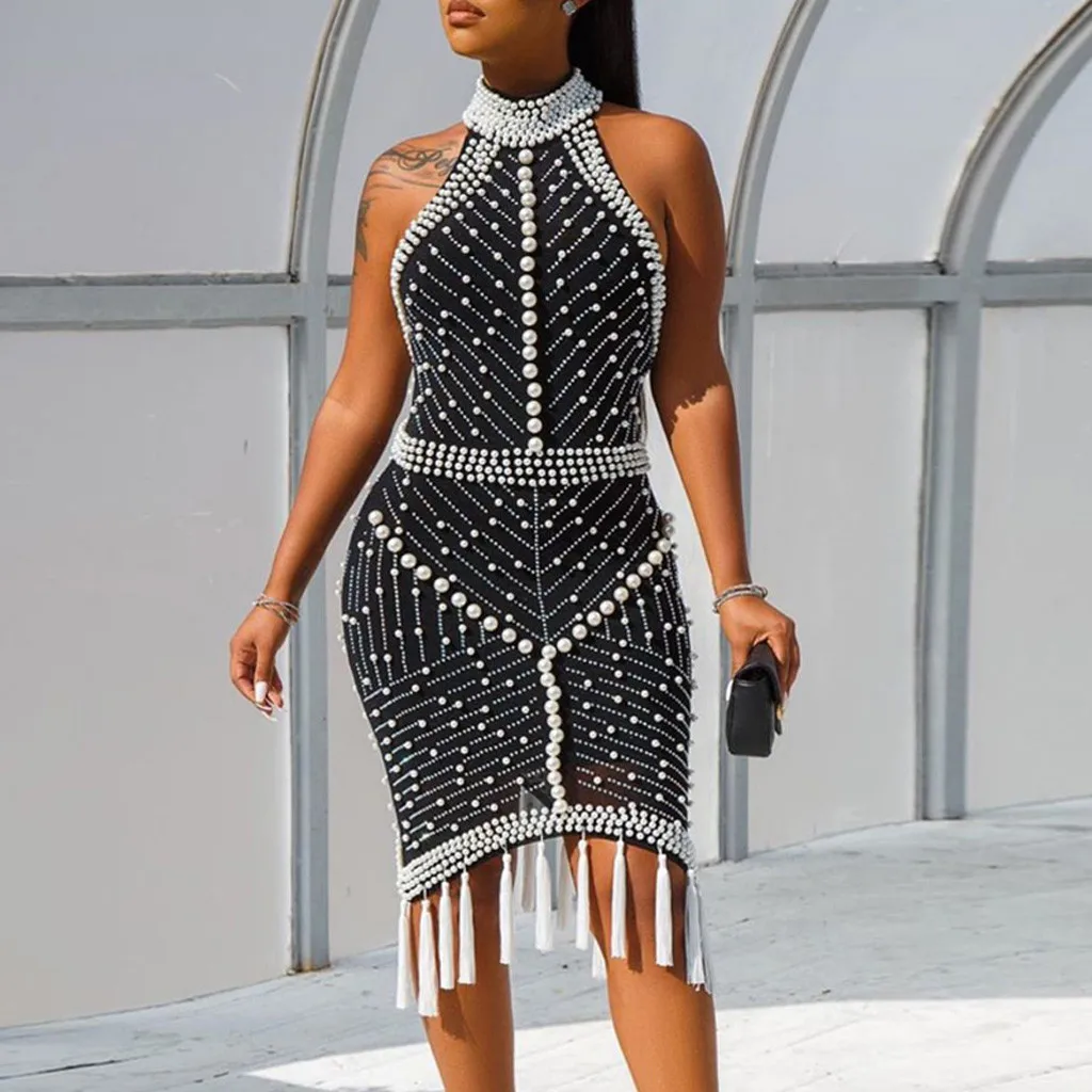 

Summer Elegant Pearl Party Dress Plus Size Women Sleeveless Backless Tassel Halter Bodycon Dress Party Night Vestidos De Soriee