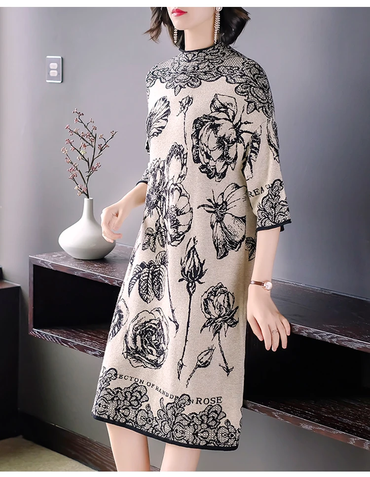 Vintage Floral Midi Dresses Autumn Winter New Female 3XL Plus Size Long Sleeve Dress Elegant Women Bodycon Party Vestidos