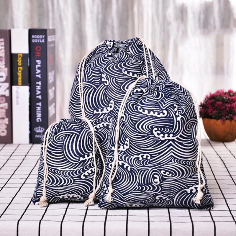 Cotton Linen Drawstring Bag Fabric Pouch Cute Cartoon Print Kids Travel Cloth Shoes Storage Bag Makeup Case Christmas Gift Bag 2