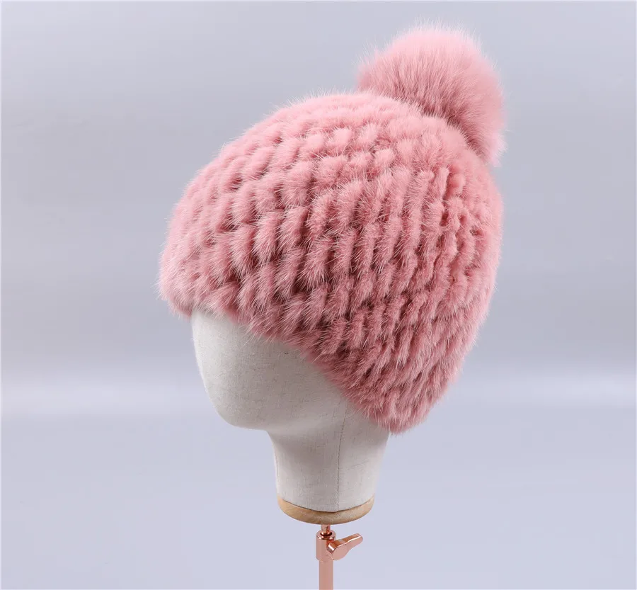 Pink Натуральный мех норки шапка женская зимняя вязаная шапка Русская Шапка для девочек с лисьим мехом помпоны женский головной убор из плотной ткани эластичная - Цвет: Pink