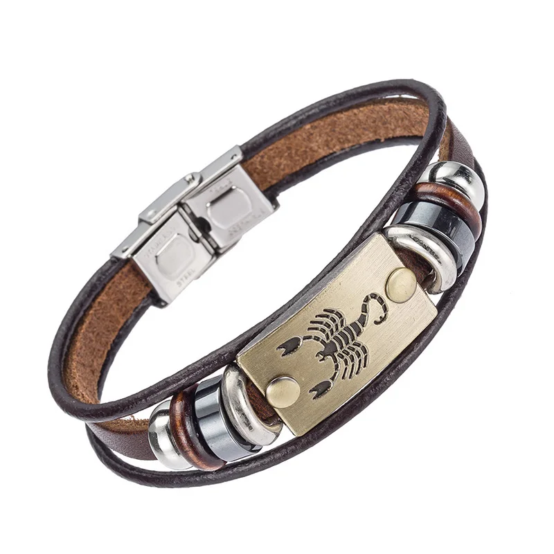 Drop Shipping Hot Sale Fashion 12 Zodiac Signs Bracelet for Men Stainless Steel Clasps Genuine Leather Cuff Romantic Jewelry | Украшения и