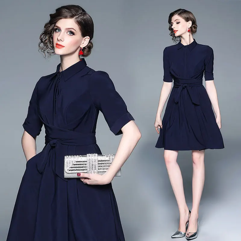 

Europe And America Large Size Dress Autumn Clothing New Style Fold-down Collar Half-sleeve Shirt Slim Fit Slimming Bow Shirt Dre