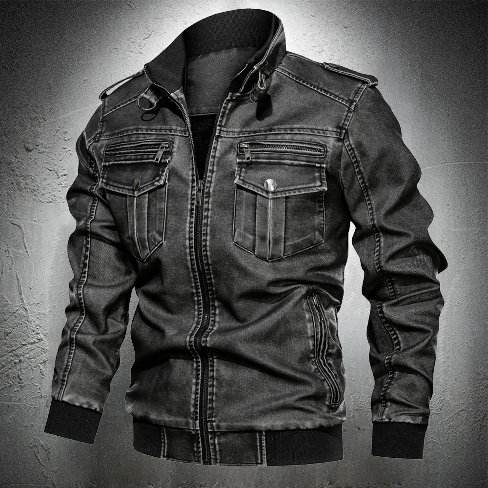 Chaqueta de cuero con cuello levantado para hombre, abrigo inteligente de motocicleta con cremallera, ropa de calle ajustada, de talla grande