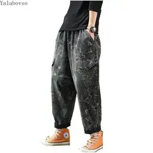 Напечатанное слово, джинсы с эластичной резинкой на талии, потертые винтажные Ретро джинсы, женские осенние большие эластичные джинсы-шаровары для женщин A0BZ4