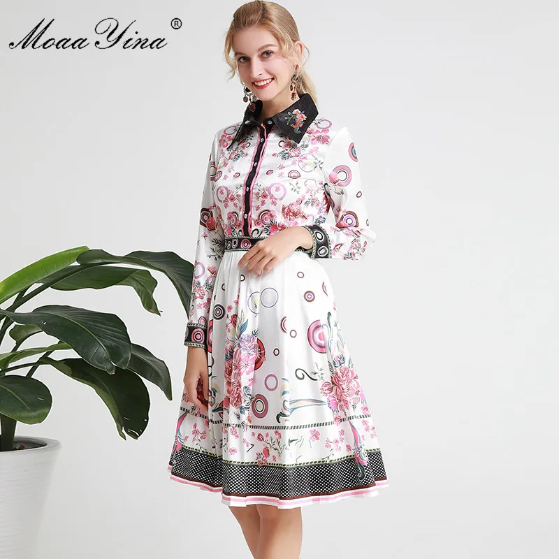 MoaaYina/модное дизайнерское платье для подиума, весенне-осеннее женское платье с длинным рукавом и отделкой из бус, Элегантные Платья с цветочным принтом и блестками