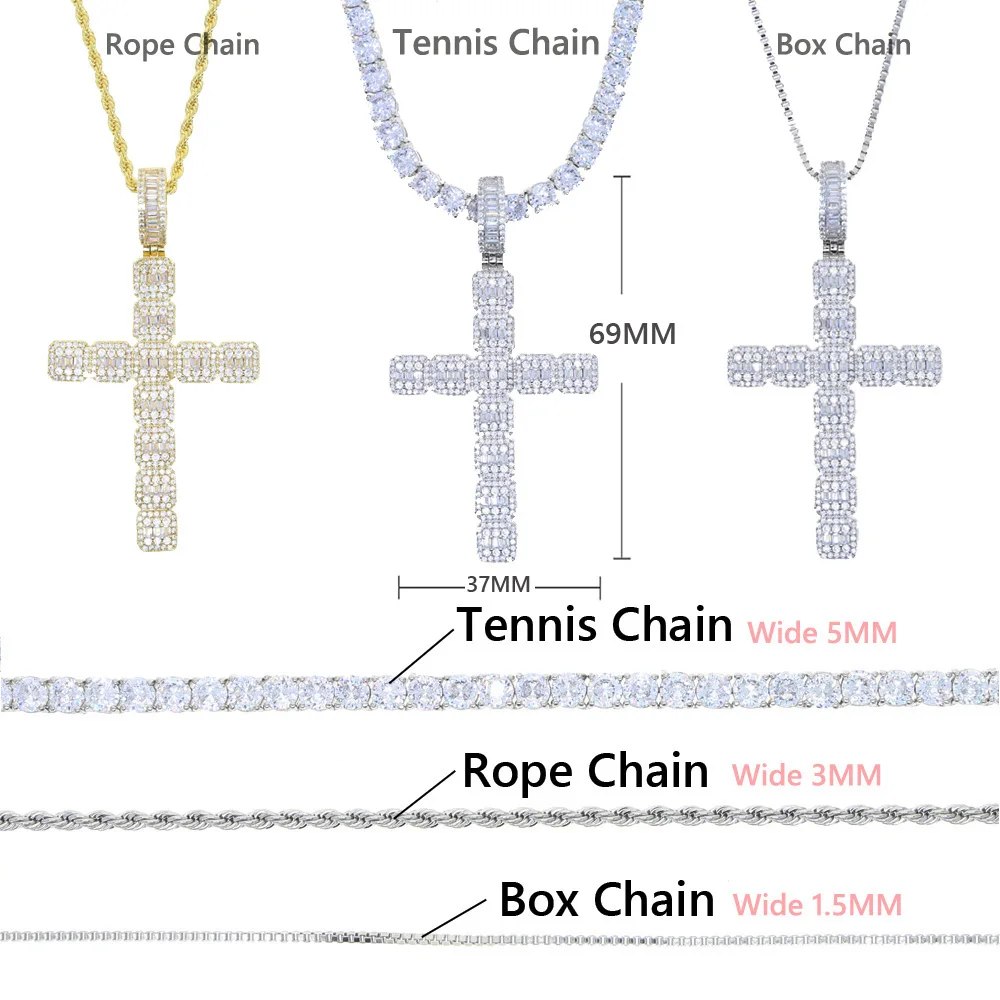 New CZ Cross Pendant Necklace Silver Color 5mm Tennis Chain