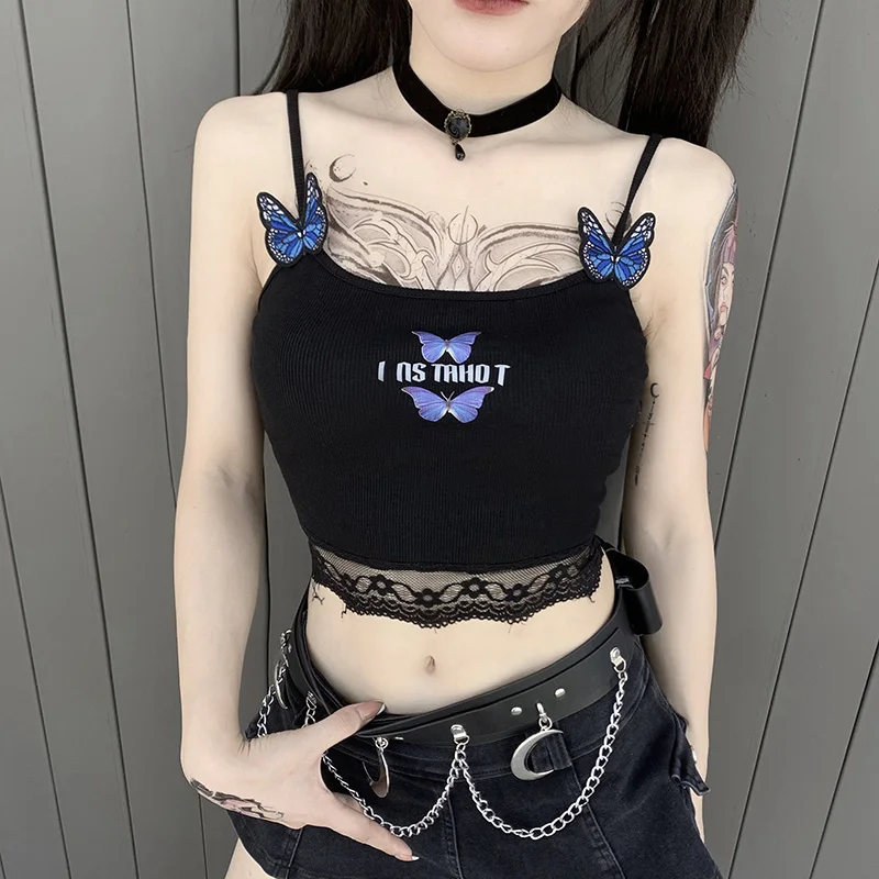 

Women Gothic Cute Crop Cami Top Sexy Streetwear Spaghetti Strap 3D Butterfly Lace Patchwork Letter Print Exposed Navel Camisole