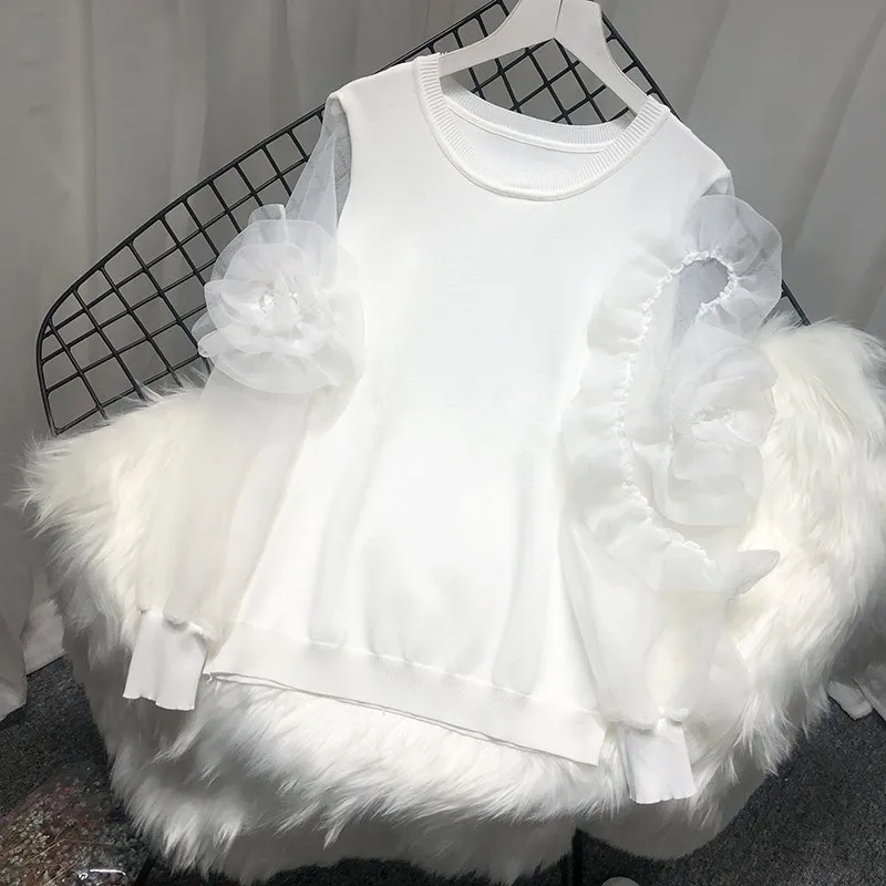 

2019 Patchwork 3D Flower Organza Sweater Appliques Women Round Neck Lantern Sleeve Knitted Tops Solid Loose Pullover Sweater