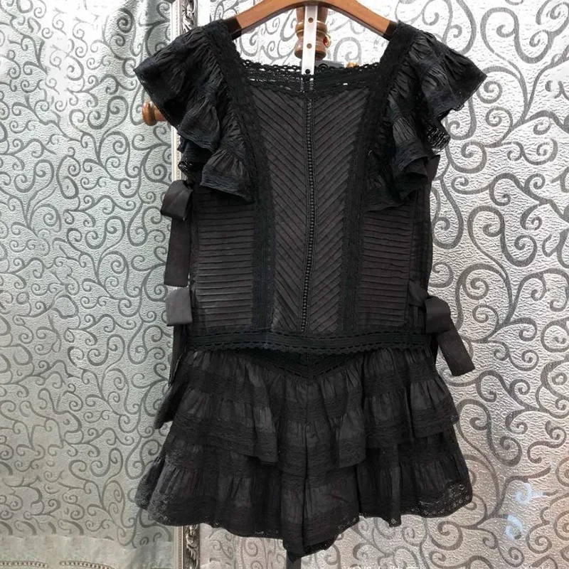 Black VGH выдалбливают Женский костюм квадратный воротник расклешенные рукава бант сетки Лоскутная рубашка Ruffer Короткие штаны комплект из двух предметов женский - Цвет: Black