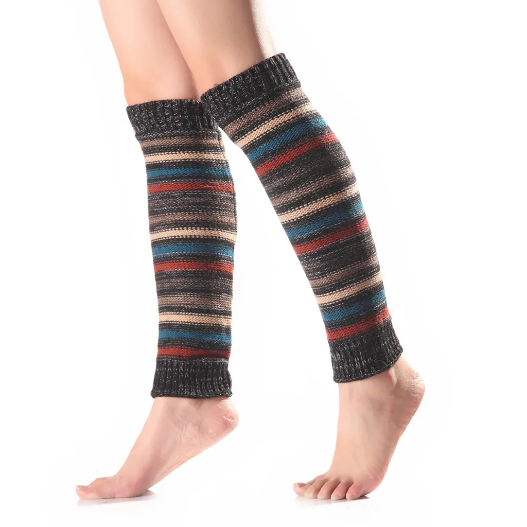 Цветные вязаные гетры с горизонтальной полоской для женщин, разноцветные шерстяные длинные гетры выше колен, вязаные носки для обуви