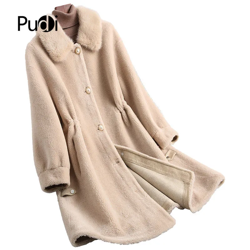 

PUDI A18195-1 2019 Women new fashion real wool shearing jacket lady mink fur collar leisure Fall/Winter wool coat