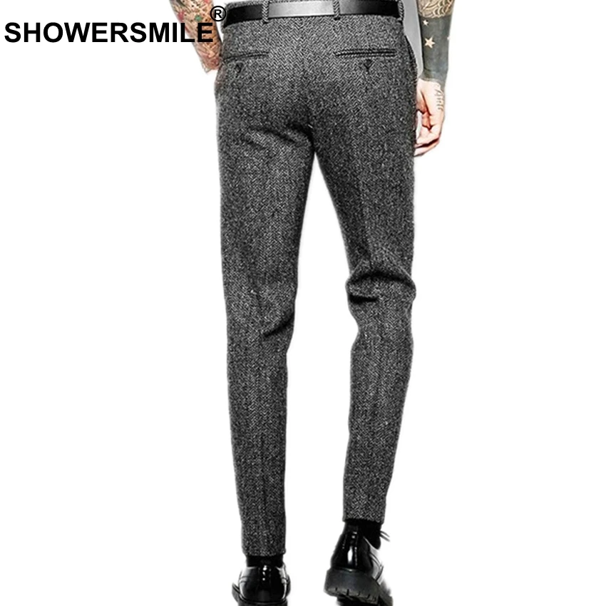 SHOWERSMILE, мужские ретро брюки, шерстяные брюки, мужские деловые серые с узором в елочку, облегающие брюки, твидовая шерстяная одежда, английский стиль